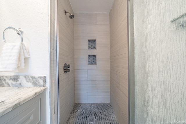 bathroom featuring walk in shower and vanity