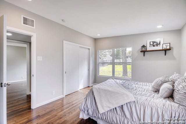 bedroom featuring dark wood-type flooring and a closet