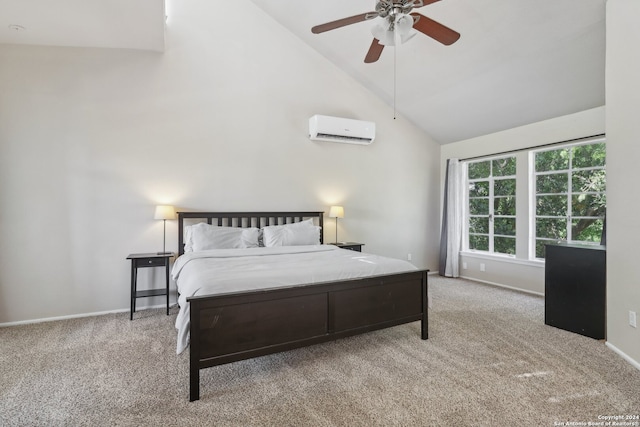 bedroom featuring a wall mounted air conditioner, light colored carpet, high vaulted ceiling, and ceiling fan