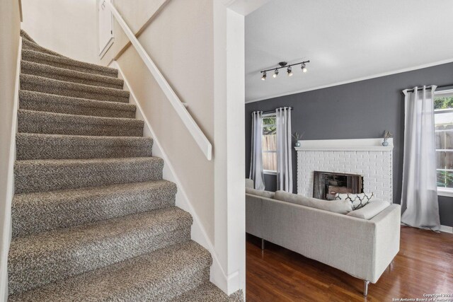 stairs featuring ornamental molding, dark wood-type flooring, a fireplace, and track lighting