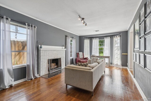 living room featuring a brick fireplace, hardwood / wood-style floors, and track lighting