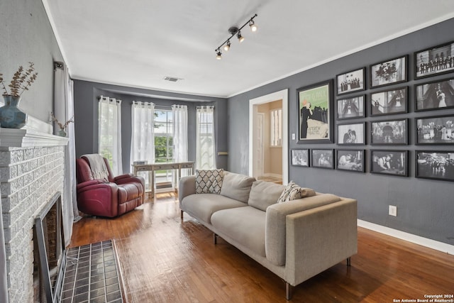 living room featuring a fireplace, rail lighting, and wood-type flooring