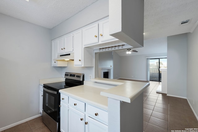 kitchen featuring extractor fan, a fireplace, kitchen peninsula, stainless steel electric stove, and ceiling fan