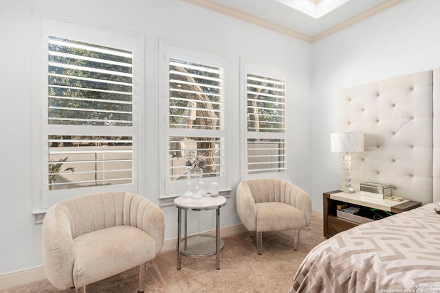 carpeted bedroom with multiple windows and crown molding