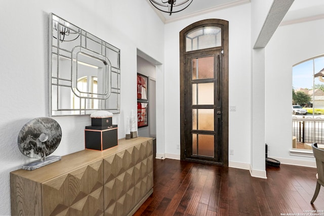 entrance foyer with ornamental molding and dark hardwood / wood-style floors