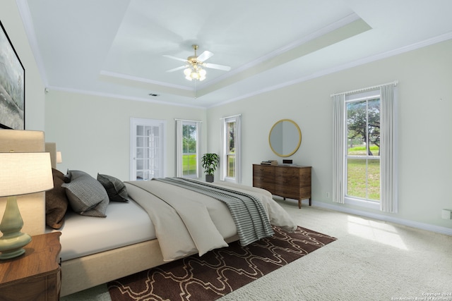 bedroom with multiple windows, ceiling fan, a raised ceiling, and carpet floors