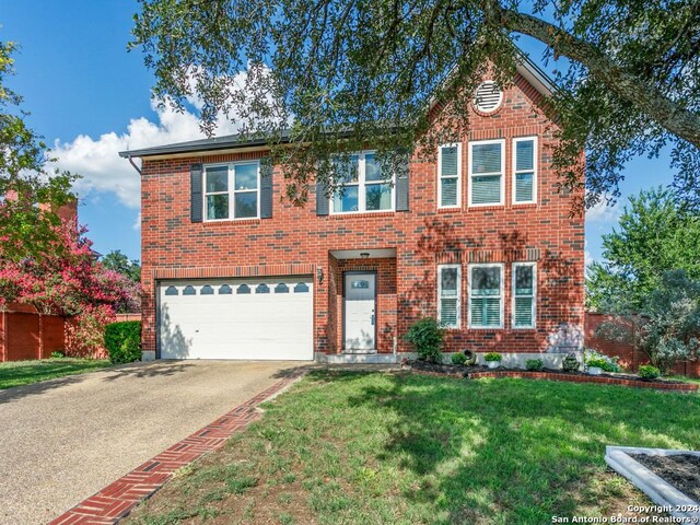 view of front facade featuring a garage, concrete driveway, brick siding, and a front lawn