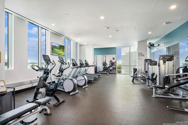 exercise room featuring floor to ceiling windows