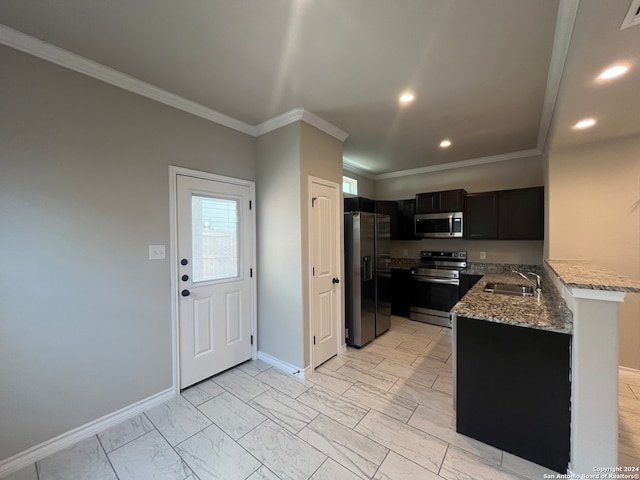 kitchen featuring crown molding, sink, light stone counters, appliances with stainless steel finishes, and light tile patterned floors