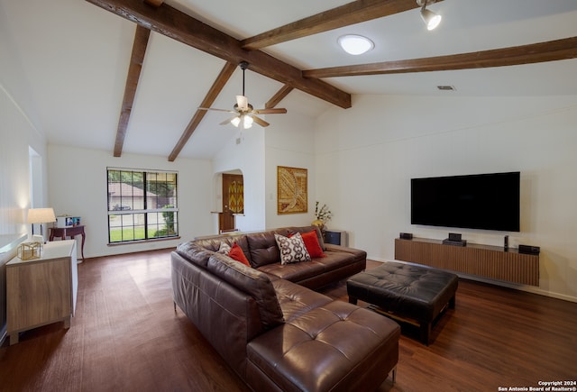 living room featuring dark hardwood / wood-style flooring, lofted ceiling with beams, and ceiling fan