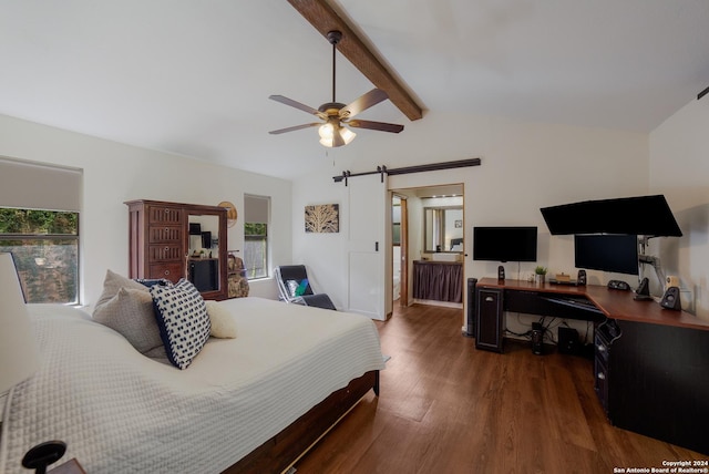 bedroom featuring dark hardwood / wood-style flooring, vaulted ceiling with beams, a barn door, and ceiling fan