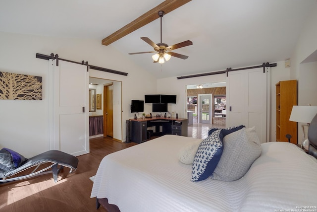 bedroom with ceiling fan, a barn door, vaulted ceiling with beams, and dark hardwood / wood-style floors