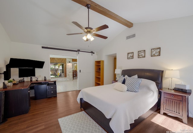 bedroom featuring high vaulted ceiling, ceiling fan, a barn door, dark wood-type flooring, and beam ceiling