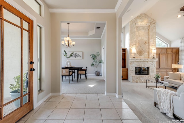 24434 Blanco Rd, San Antonio, TX 78260 - entryway with light carpet, a notable chandelier, light tile patterned floors, and a towering ceiling