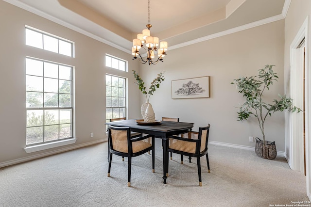24434 Blanco Rd, San Antonio, TX 78260 - carpeted dining space featuring a tray ceiling, baseboards, and a notable chandelier
