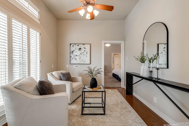 24434 Blanco Rd, San Antonio, TX 78260 - living area with wood finished floors, baseboards, and ceiling fan