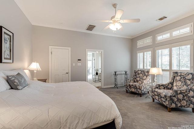 24434 Blanco Rd, San Antonio, TX 78260 - carpeted bedroom with crown molding, visible vents, and ceiling fan