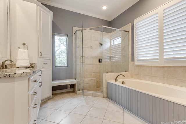 24434 Blanco Rd, San Antonio, TX 78260 - full bathroom with tile patterned flooring, a shower stall, crown molding, a garden tub, and vanity