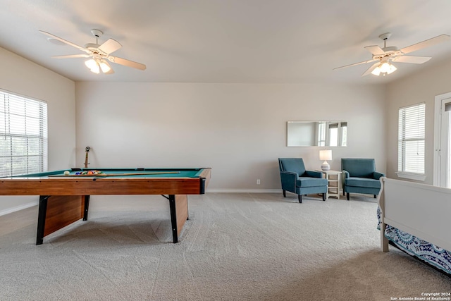 24434 Blanco Rd, San Antonio, TX 78260 - game room with billiards, a ceiling fan, baseboards, and carpet floors