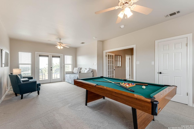 24434 Blanco Rd, San Antonio, TX 78260 - playroom with billiards, visible vents, ceiling fan, french doors, and light carpet