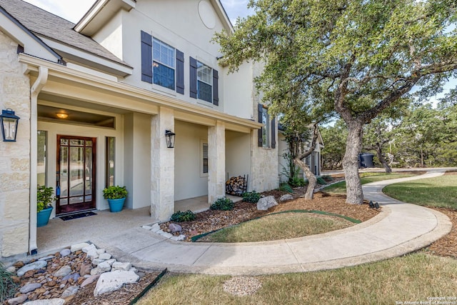 24434 Blanco Rd, San Antonio, TX 78260 - doorway to property with stone siding and stucco siding
