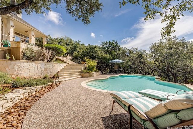 24434 Blanco Rd, San Antonio, TX 78260 - view of swimming pool with stairway, a patio, and a fenced in pool