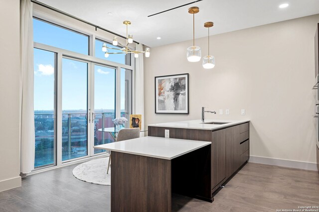 kitchen with a wall of windows, light hardwood / wood-style floors, hanging light fixtures, dark brown cabinetry, and sink