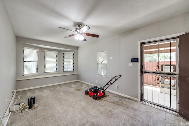 exercise area with carpet floors and ceiling fan