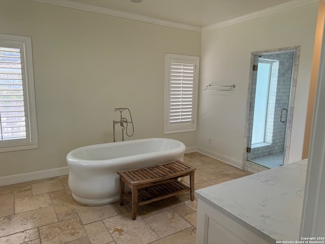 bathroom with crown molding and separate shower and tub