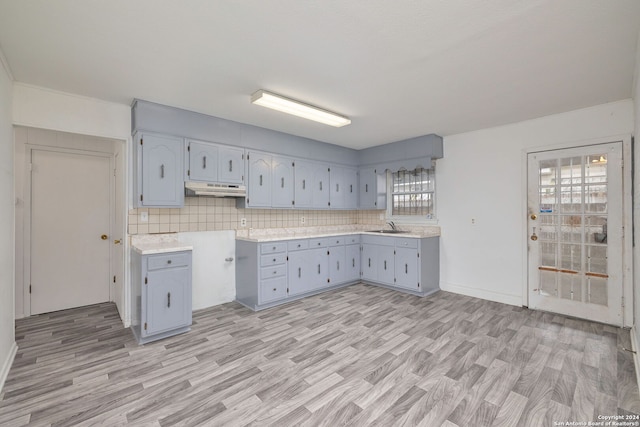 kitchen featuring light hardwood / wood-style floors, tasteful backsplash, and sink