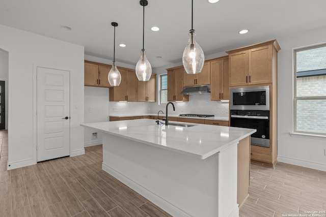 kitchen with stainless steel appliances, pendant lighting, sink, and a center island with sink