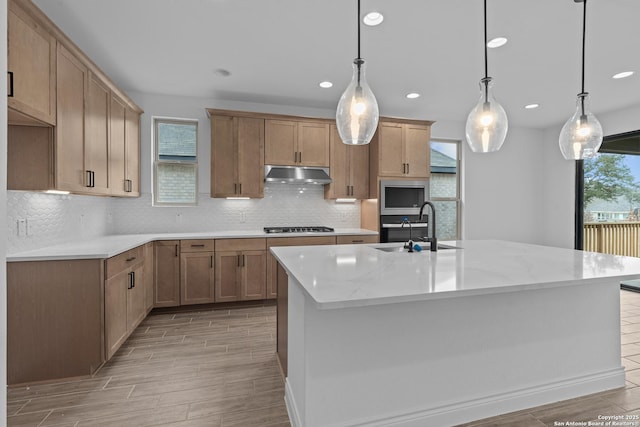 kitchen featuring pendant lighting, sink, plenty of natural light, and a center island with sink