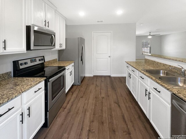 kitchen with dark wood-type flooring, ceiling fan, light stone countertops, appliances with stainless steel finishes, and sink