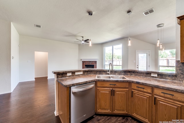 kitchen featuring dark hardwood / wood-style floors, a fireplace, sink, and stainless steel dishwasher