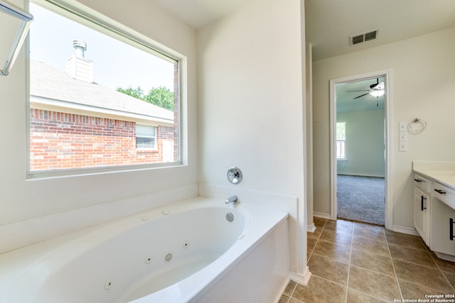 bathroom with vanity, tile patterned flooring, and ceiling fan