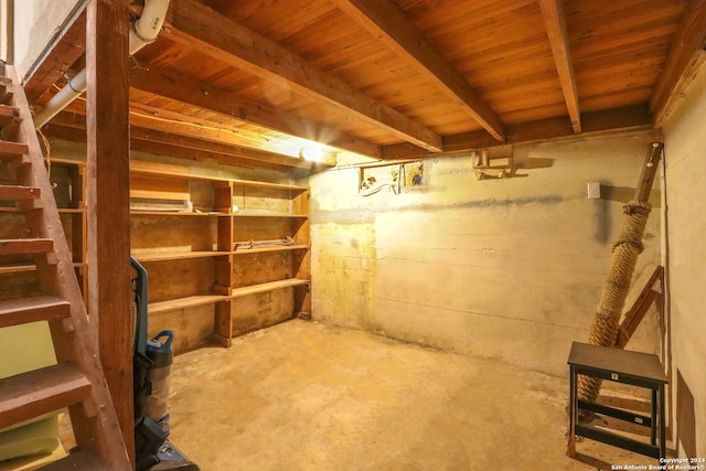 basement featuring wood ceiling