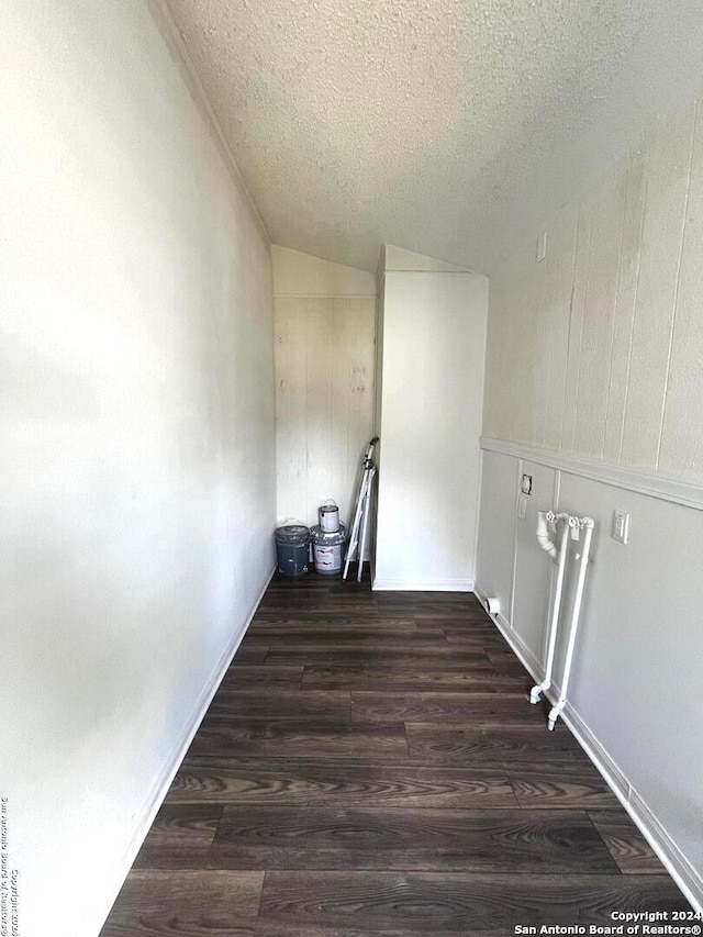 interior space featuring lofted ceiling, dark hardwood / wood-style flooring, and a textured ceiling