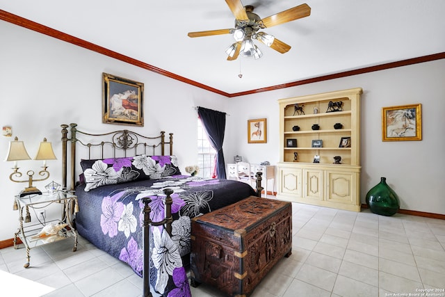 tiled bedroom with ceiling fan and ornamental molding