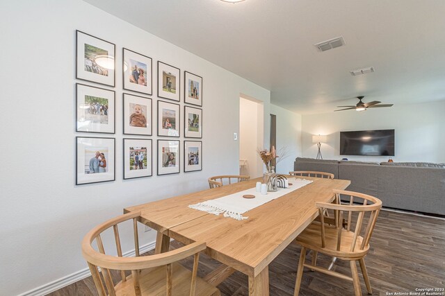 dining area featuring ceiling fan and wood-type flooring