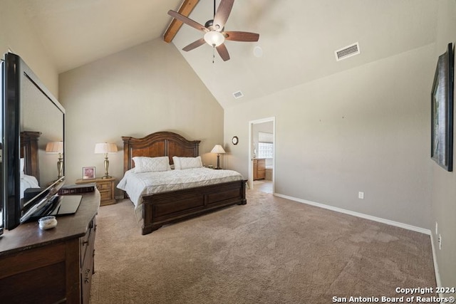 bedroom featuring ceiling fan, high vaulted ceiling, light colored carpet, and beam ceiling