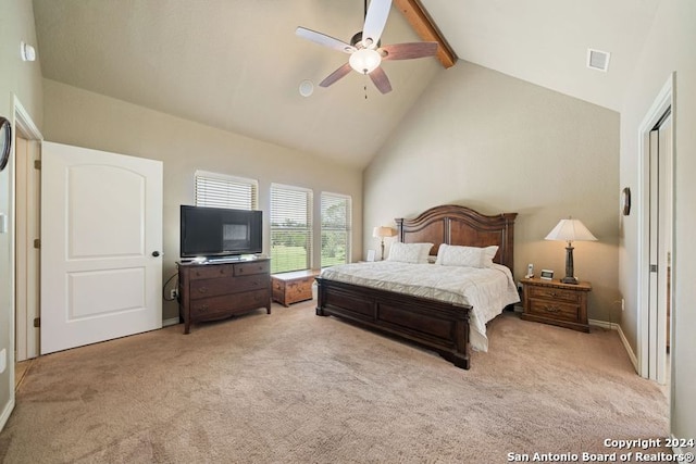 bedroom with beamed ceiling, ceiling fan, high vaulted ceiling, and light carpet