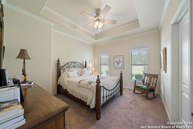 bedroom featuring crown molding, carpet floors, a raised ceiling, and ceiling fan