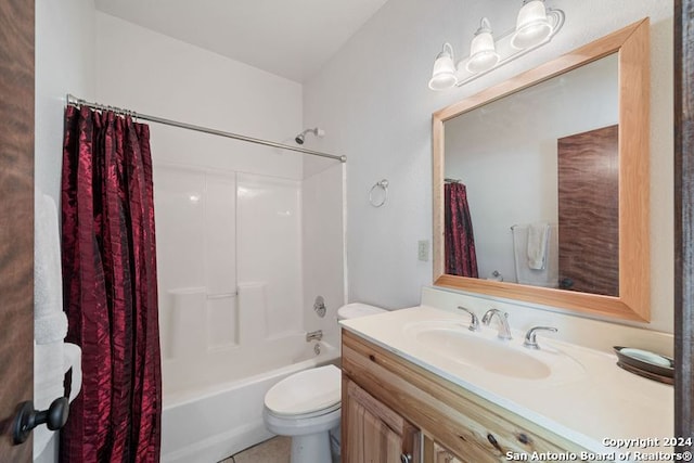 full bathroom with shower / bathtub combination with curtain, vanity, and toilet