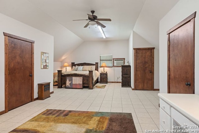 bedroom featuring light tile patterned flooring, vaulted ceiling, and ceiling fan