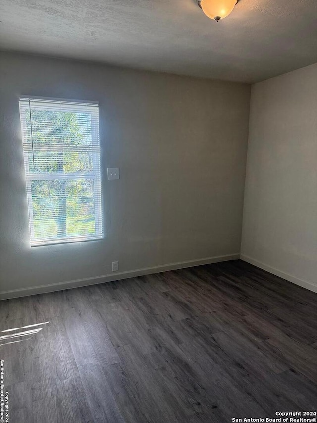 empty room featuring a wealth of natural light, dark hardwood / wood-style flooring, and a textured ceiling