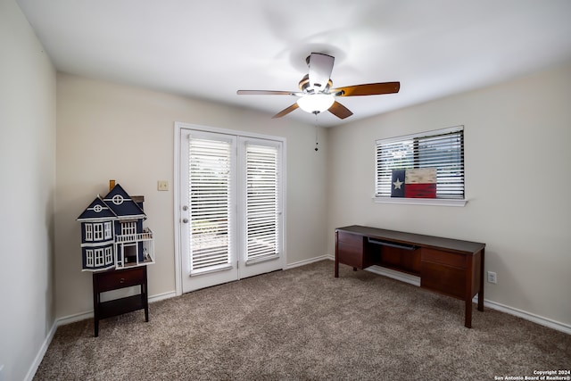 miscellaneous room with carpet floors and ceiling fan