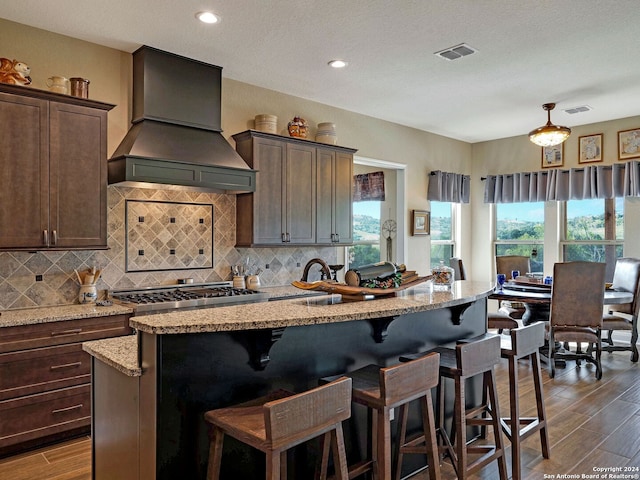 kitchen with tasteful backsplash, stainless steel gas stovetop, premium range hood, and a center island with sink