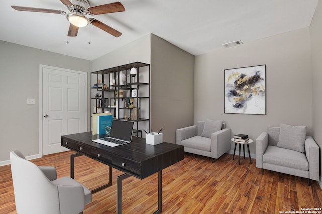 office area featuring ceiling fan and hardwood / wood-style floors