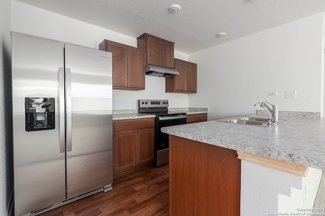 kitchen featuring kitchen peninsula, stainless steel appliances, a textured ceiling, dark hardwood / wood-style floors, and sink