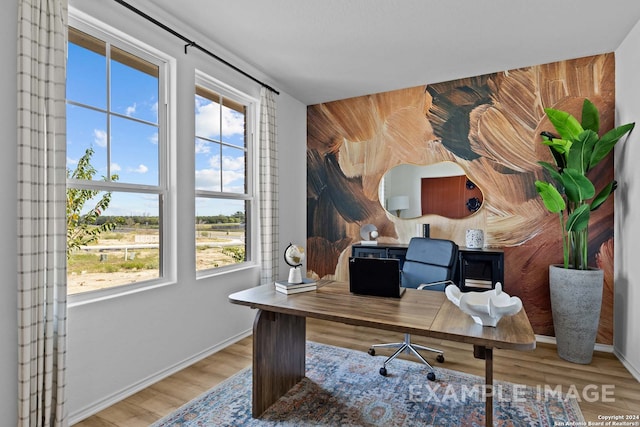 home office with a wealth of natural light and hardwood / wood-style floors